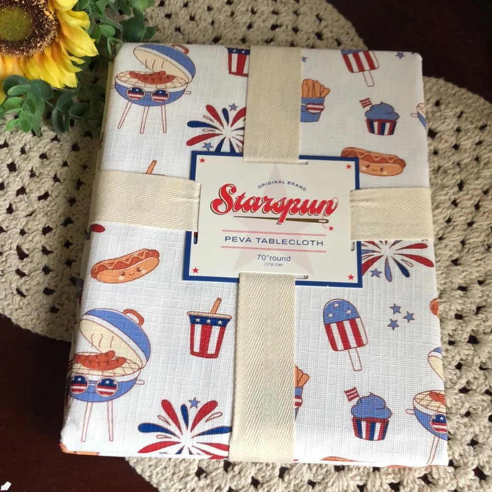 Patriotic PEVA Tablecloth - White with Red & Blue Print